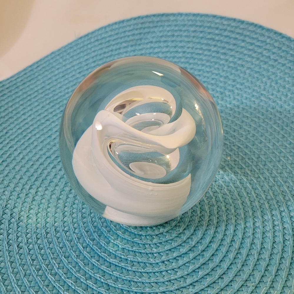Vtg Swirl White Paperweight 1997 signed L Tuk?
